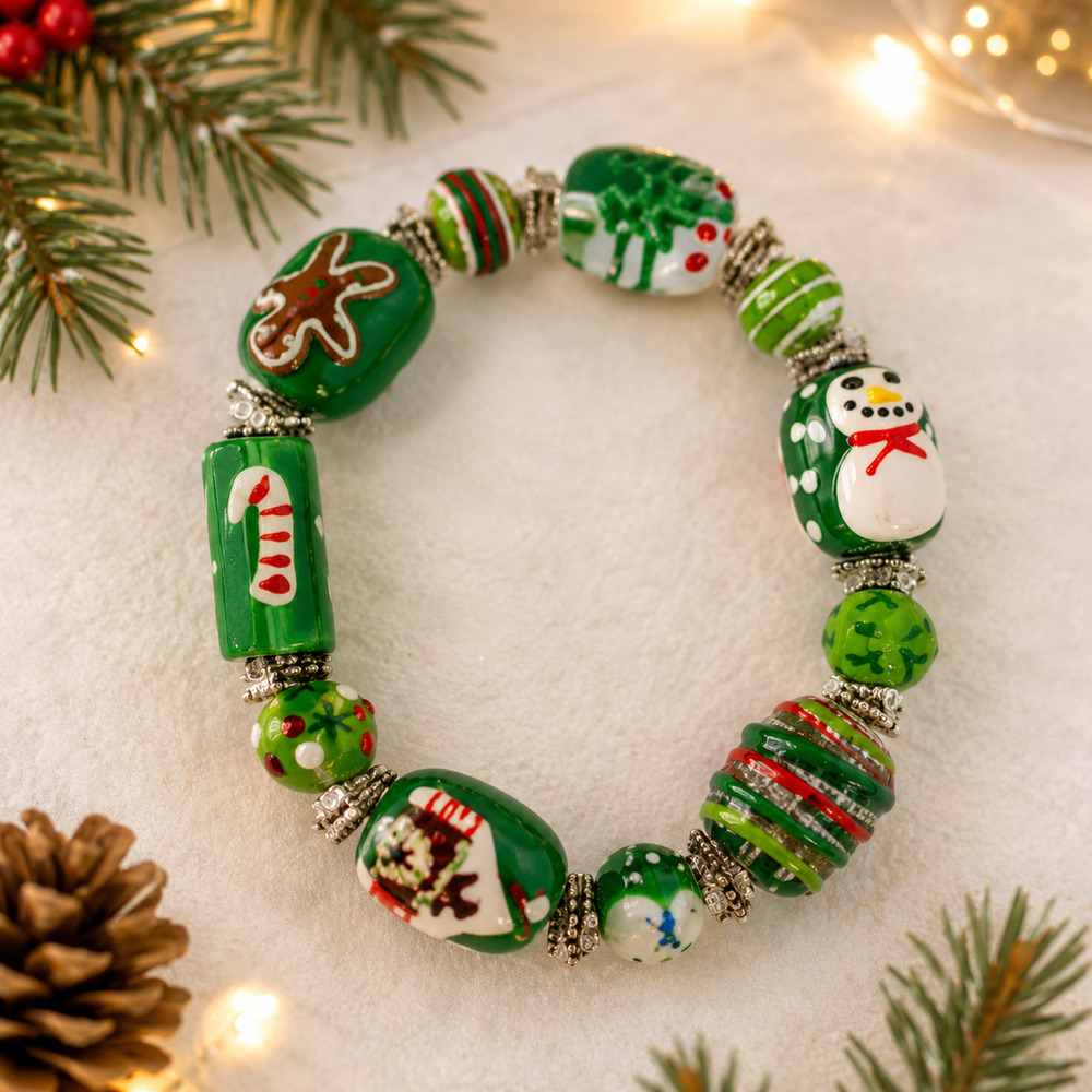 Hand Painted Glass Christmas Holiday Bracelet Green Snowman Gingerbread Holly